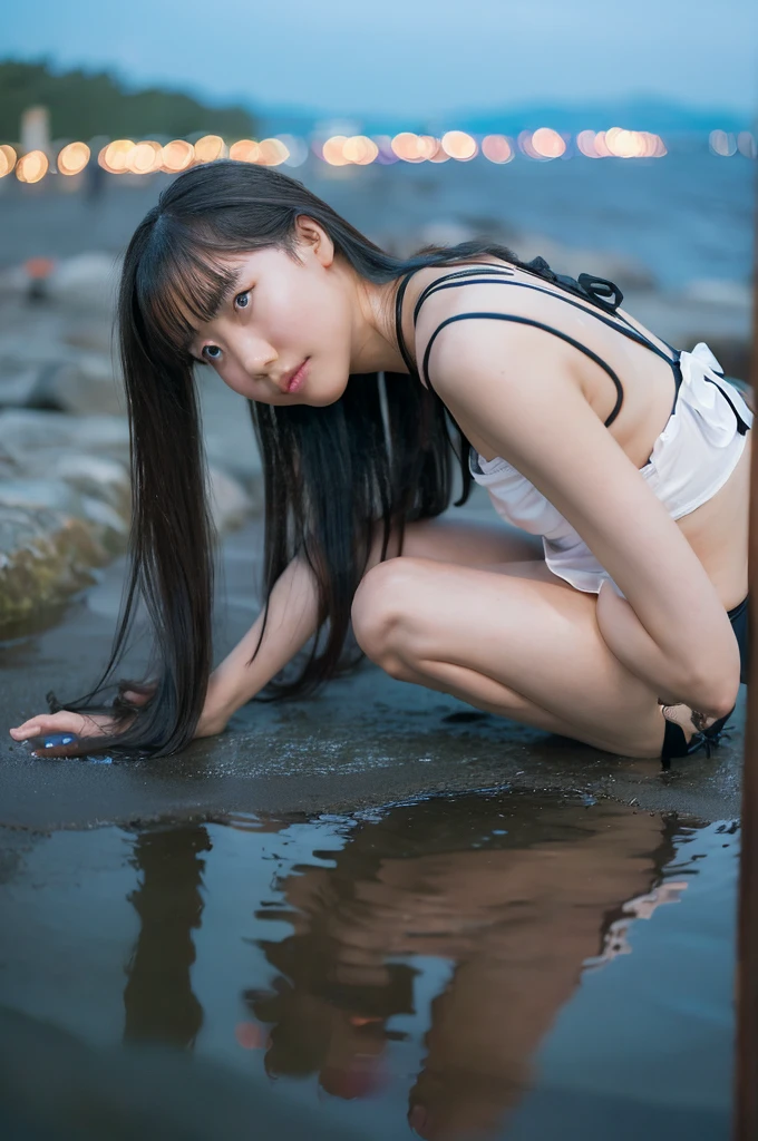 japanese young woman, metallic luster black bikini, twin tails, very long hair, beautiful legs, no shoes, no socks, side view, crawling position, the shoreline, night, shooting from the side, dark key lighting, photograph, high resolution,
