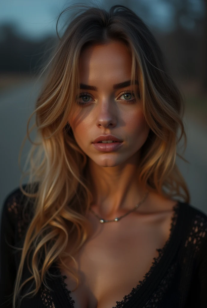 masterpiece:1.2, ultra-detailed, realistic, portrait, A beautiful porn actress model young woman in her 30s, direct angle, slutty dress, piece of art, Best quality, (very detailed raw photo :1. 2), 8k arnald, model shooting, Midway, Supermodel, Model poses, loose hair, beautiful eyes, close-up photo, a high resolution, piece of art, (beautiful detailed eyes), (beautifully detailed face), Perfectly shaped body, (Ultra detailed), standing and looking directly into the camera, evening time, cozy style, sexy short dress, huge breasts, very hot woman, beautiful face, sexy gaze, smoky eyes, seductive gaze, high-resolution picture, Long hair, Colossal tits, Looking at Viewer, jewelry, a necklace, Sweaters, Realistic, playful look and playful smile, playful gaze, dark and foggy background, blond hair