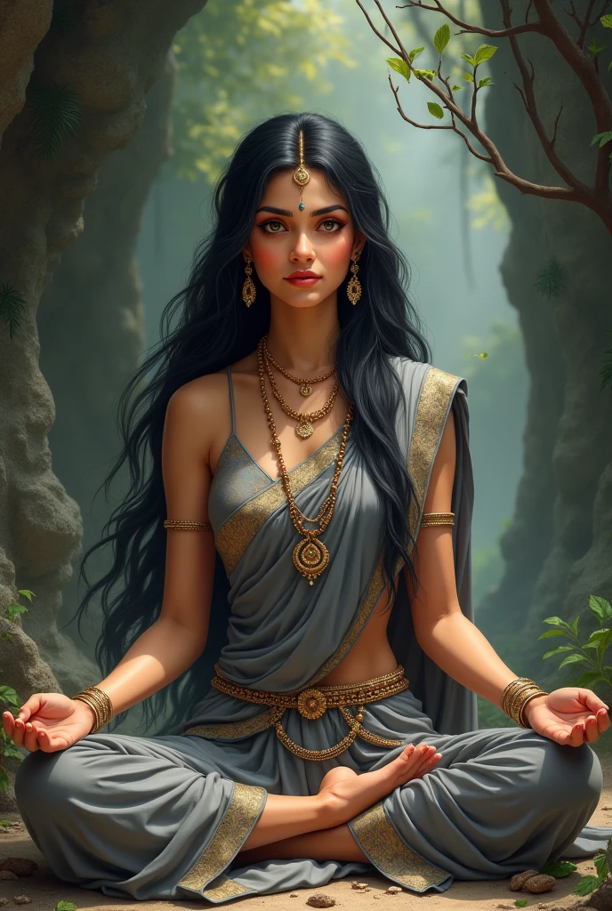"Create an image of the beautiful Goddess Brahmacharini, depicted in a elegant and graceful grey saree and matching blouse, and beads ornaments and jewellery, symbolizing her ascetic and saint-like nature. The saree should be modest, with maximal decoration, reflecting her life of penance and devotion. Her complexion should be radiant, with a serene and peaceful expression on her face, embodying purity and determination. Her large, calm eyes should reflect deep wisdom and unwavering focus on spiritual goals, she has long beautiful and black flowing hair.
Goddess Brahmacharini should be depicted meditating in front of the idol shiva statue in the cave emphasizing her ascetic lifestyle and devotion.
She has only two hands,
In her right hand, she carries a Jap Mala (prayer beads),
In her left hand, she holds a Kamandal (small water pot).
The background should be a serene, natural landscape, perhaps with a inside cave and forest, highlighting her life of austerity and connection with nature. The overall image should capture the essence of Goddess Brahmacharini’s beauty, purity, and spiritual dedication, presented in a highly realistic and detailed manner, with her grey saree and saint-like outfit emphasizing her divine and ascetic nature."