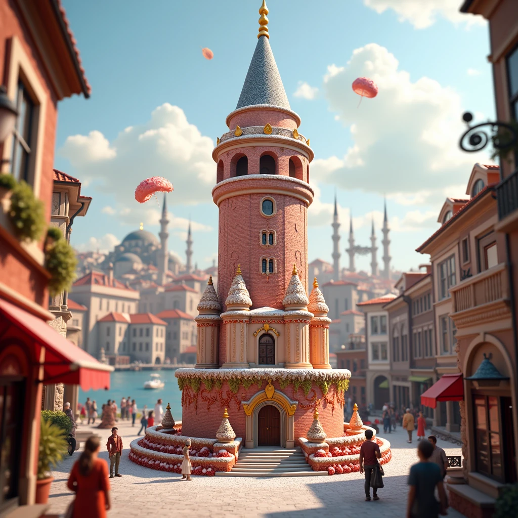 galata tower like dessert with realistic background