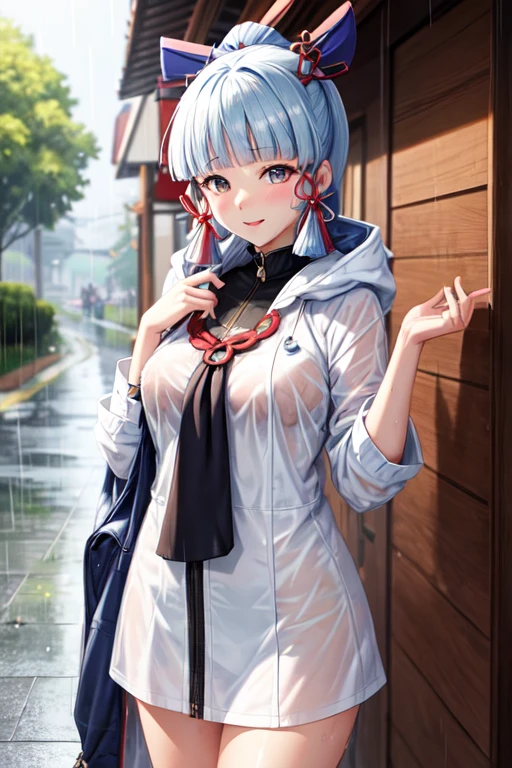 Kamisato Ayaka|genshin impact, masterpiece, bets quality, proportional body,medium breast, white hair,Raincoat, wet ,Rain,Bring an umbrella