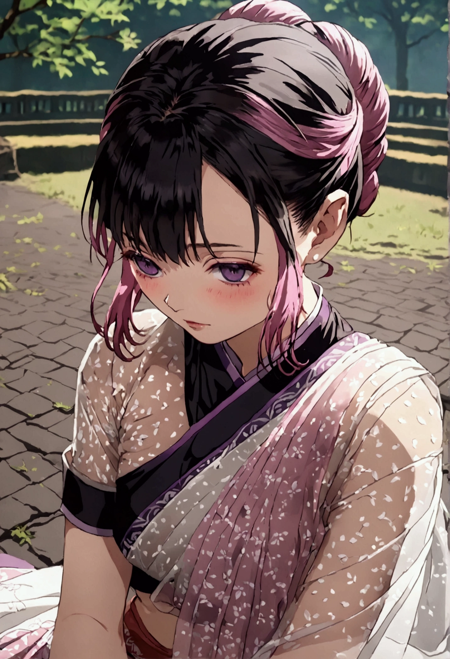 ((((shinobu kocho from demon slayer)))),((((wearing a white see through saree with fading pink at the end and her black lines cracking ground pattern on her saree)))), deep purple eyes with no visible pupils , in park, human body structure, no ornaments, photo session, innocent looking ,proper body proportion ,  distinctive hairstyle from Demon Slayer. Her hair is medium length, primarily dark black with subtle purple-tinted ends. The hair is tied up into a butterfly-shaped bun at the back of her head. She has long, straight bangs framing her face, with two strands of hair falling gracefully down each side. The butterfly accessory in the bun is detailed with light purple and white colors, matching the hair’s purple tips. Ensure the hair color stays dark with accurate purple shading, not pink,hairs are purple fading at the ends of bangs , ((((((wearing an Indian saree)))))),laying on bench