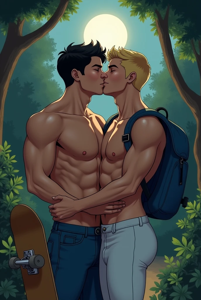 Two young adult gay couple in the woods on a full moon night. Shirtless and kissing. smiling blond boy, very lean, slim, , huge pecs, big pecs, large chest muscles, muscular chest, huge nipples, wet chest, gymnast acrobat yoga, holding a skateboard, white tights, blue backpack, (best quality), realistic, iris, garden, Japanese idol boy, (abs:1.2), black short hair, tanned dark skin, (detailed brown eyes), (smile:0.8), (detailed areola:1.2)
