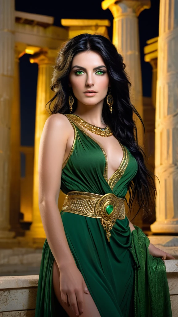 (A Gorgeous 30-Year-Old Greek Female Goddess), (Messy Long Black Hair), (Dark Green Eyes), (Fair Skin), (Wearing Green Revealing Maiden Attire with Golden Jewelries), (Greek Temple at Night), (Elegant Pose), Waist Up Shot, View From Front, Ambient Lighting, Photo Realism, Intricate Face Detail, Intricate Hand Details, Vibrant Colors, Highly Detailed, Picture Taken with Sony A7RIV, with Sony 16-35mm f/4 Lenses, Cinematic, High Definition, Trending on Artstation--style raw