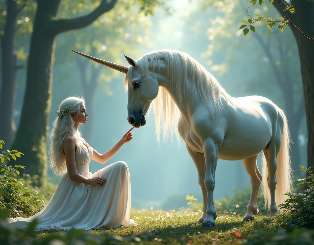 (photorealism:1.2), ((Sexy beautiful girl, cute, Russian beauty, 2, a thin fit body white hair)), ((Highest quality)), wearing long flowing white gown, knelling on the ground, of a magical fantasy forest, reached out, (reaching up), (not touching), to pet a very Large tall white Unicorn's nose, (Unicorn extra-long thick mane), pointed spiraling horn on its head, respectful, humble to be in the presence of such a majestic animal,