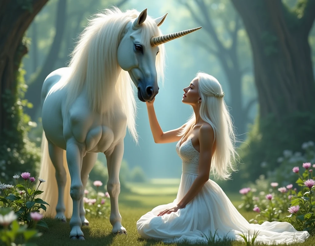 (photorealism:1.2), ((Sexy beautiful girl, cute, Russian beauty, 2, a thin fit body white hair)), ((Highest quality)), wearing long flowing white gown, knelling on the ground, of a magical fantasy forest, reached out, (reaching up), (not touching), to pet a very Large tall white Unicorn's nose, (Unicorn extra-long thick mane), pointed spiraling horn on its head, respectful, humble to be in the presence of such a majestic animal,