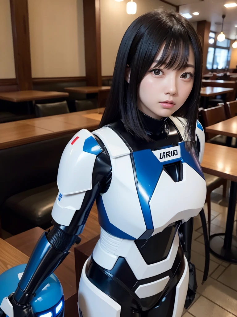 Japanese female android,Black Hair,White and blue robot suit,Plump,Standing at a table in a restaurant,