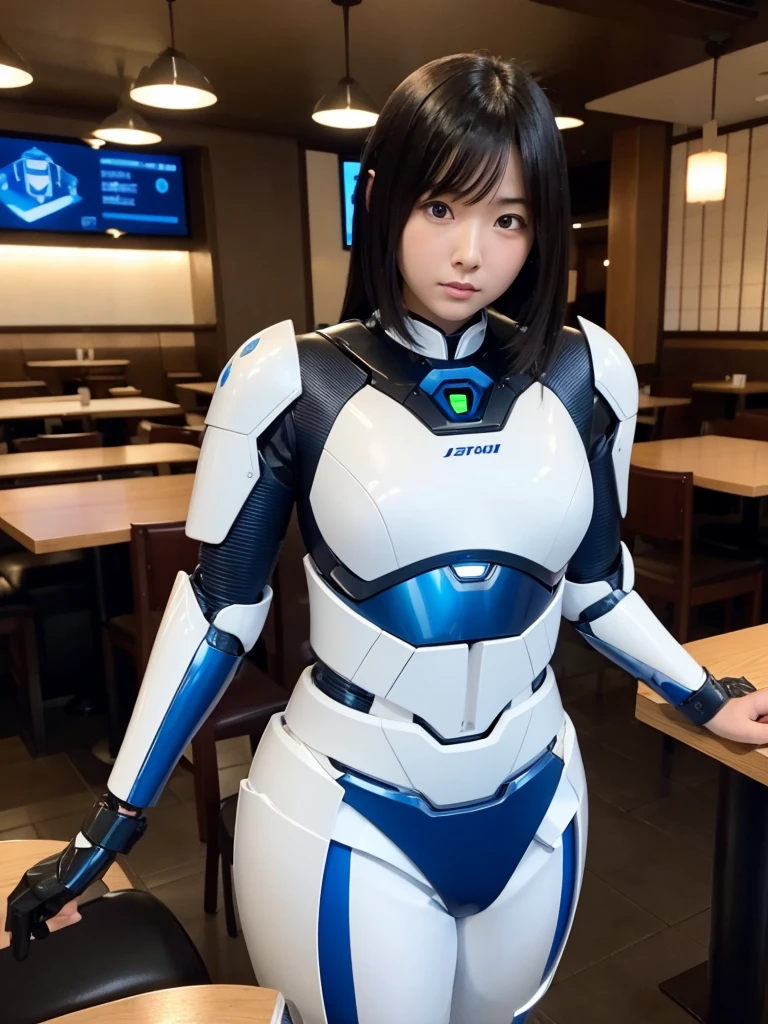 Japanese female android,Black Hair,White and blue robot suit,Plump,Standing at a table in a restaurant,