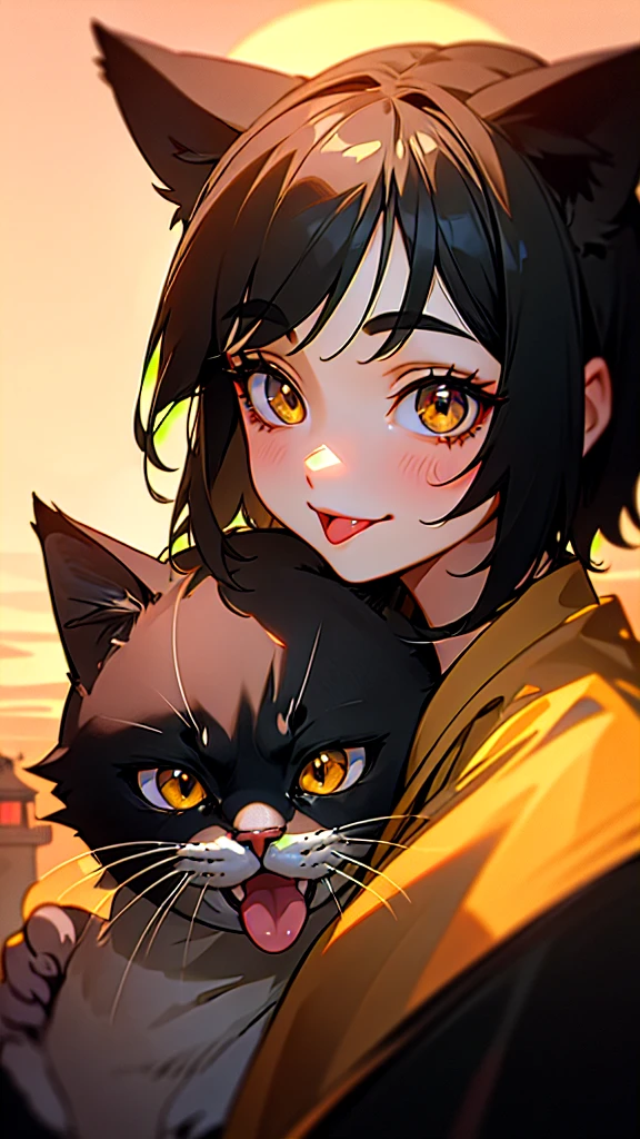 1 Girl、Shiny black hair、Long eyelashes、Round eyes、fake animal ears、smile、tooth、short hair、Cat ear、tongue、Upper body close-up、Golden hour sky、Near the lighthouse