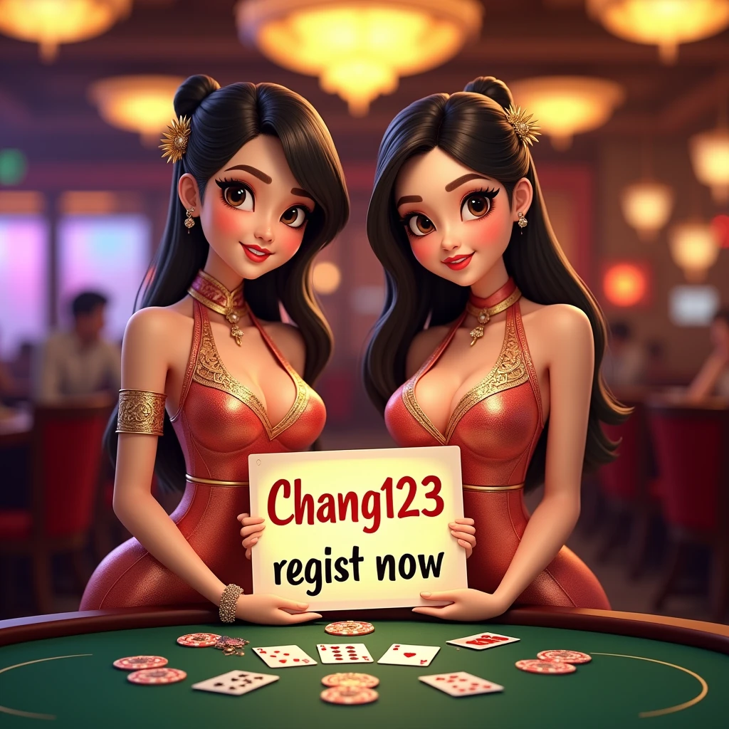 PG SLOT >> [chang123th.featuring] Direct web, upper body, two beautiful Thai women holding a sign "CHANG123 REGIST NOW" Cheerful, Happy, Casino Background, Thai Dress, Real Cartoon Pixar, Broken Chest, Standing Behind Poker Table, White Skin ,curvy, thai, Thailander, Thailand girls, Thailand, guofeng3, absolutereal, simplemix,
