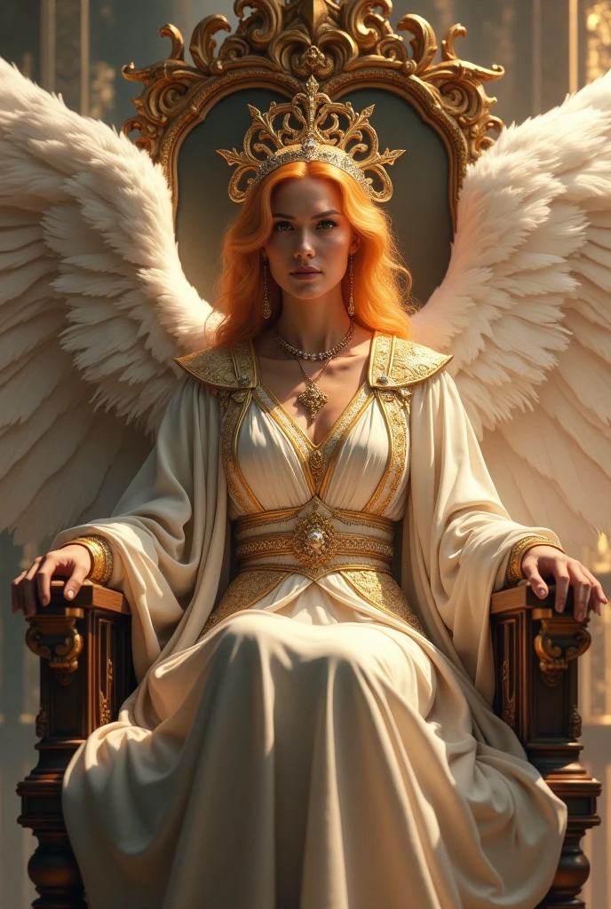 a goddess-like woman. she looks mature. she looks intelligent and wise. she looks like a warrior. she is a queen. she sits on a throne in Heaven. she is elegant. she has feathery wings. she wears royal, queen-like robes. her hair is light orange.