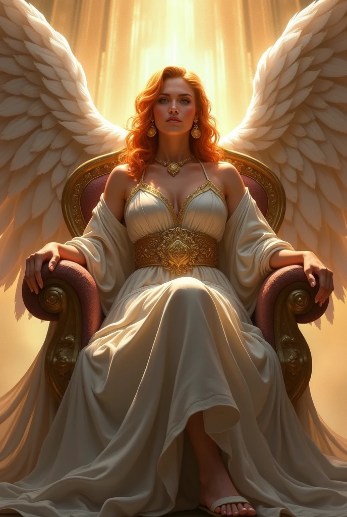 a goddess-like woman. she looks mature. she looks intelligent and wise. she looks like a warrior. she is a queen. she sits on a throne in Heaven. she is elegant. she has feathery wings. she wears royal, queen-like robes. her hair is light orange.