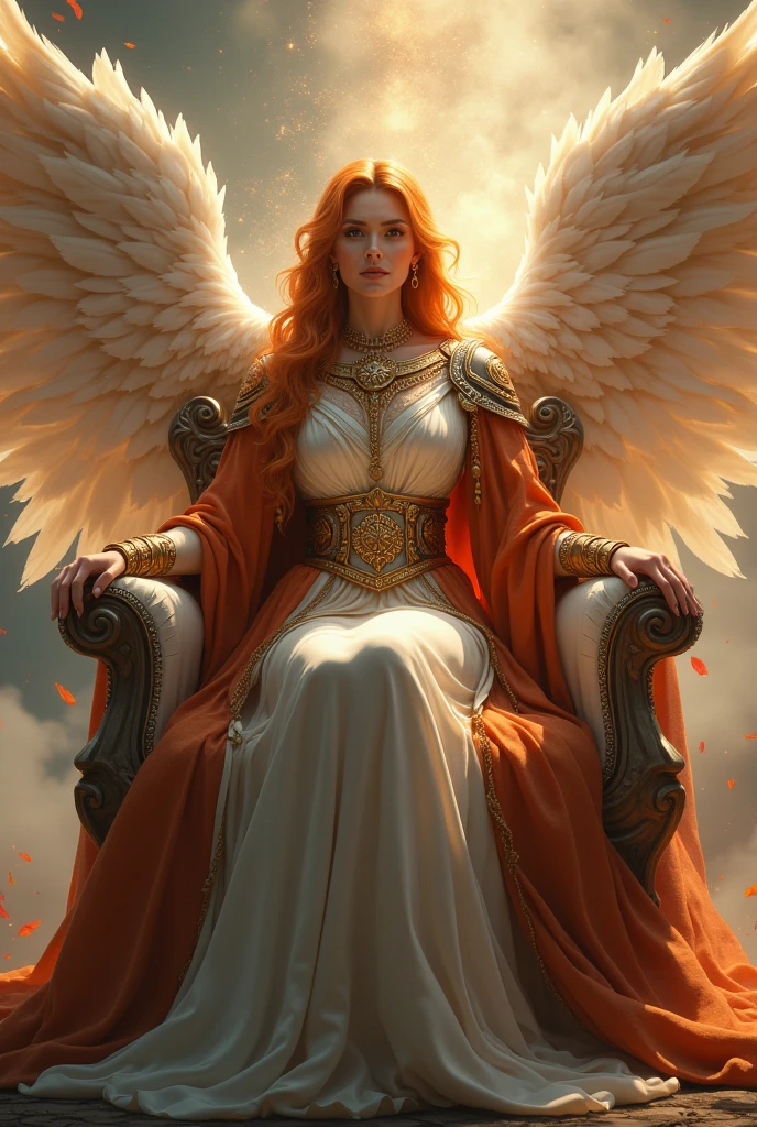 a goddess-like woman. she looks mature. she looks intelligent and wise. she looks like a warrior. she is a queen. she sits on a throne in Heaven. she is elegant. she has feathery wings. she wears royal, queen-like robes. her hair is light orange.