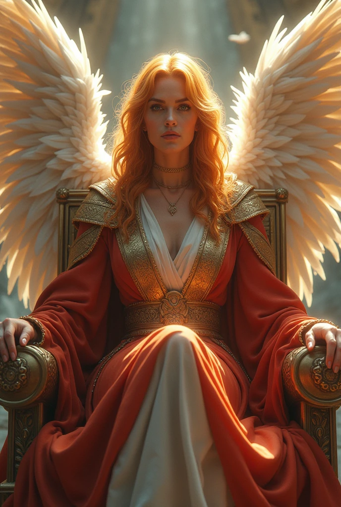 a goddess-like woman. she looks mature. she looks intelligent and wise. she looks like a warrior. she is a queen. she sits on a throne in Heaven. she is elegant. she has feathery wings. she wears royal, queen-like robes. her hair is light orange.