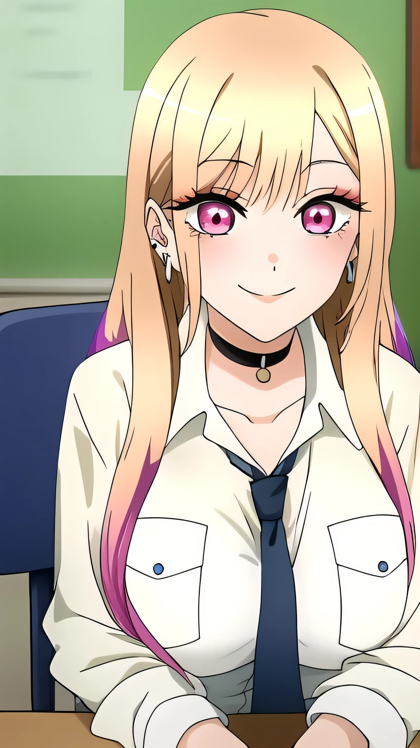 marin, 1girl, solo, long_hair, looking_at_viewer, smile, bangs, blonde_hair, shirt, red_eyes, jewelry, closed_mouth, huge_breast, school_uniform, collarbone, white_shirt, upper_body, multicolored_hair, earrings, necktie, choker, collared_shirt, pink_eyes, eyelashes, makeup, black_choker, parody, anime_coloring, sitting, chair,