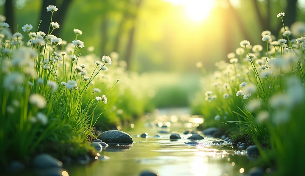 Spring, in the valley stream, there are endless flowers swaying in the wind. The sun shines on them from above, creating a soft dreamy light green color scheme. At close range, you can see the flowers and plants reflected in the stream. This scene gives people a sense of tranquility and peace