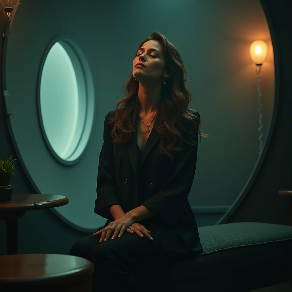 Drawing, A kindly-looking woman with long, curly hair sits on a bench in front of a small wooden table, her eyes closed as she looks up at the camera. The scene is set in a dimly lit room, Sci-Fi, Warm lighting, Calotype, epic composition, located artistic, great light, extremely stylish, detailed, rich deep colors