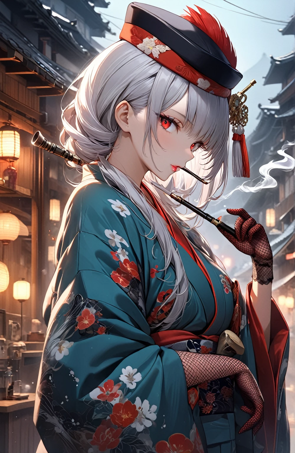 Ultra high resolution, rich colors, perfect image, top quality, detailed image, beautiful woman, glowing skin, skin and clothing texture, delicate eyes, Showa era town, kimono, haori, cocktail hat, toque, black fishnet gloves, smoking pipe, sideways, long silver hair, red eyes