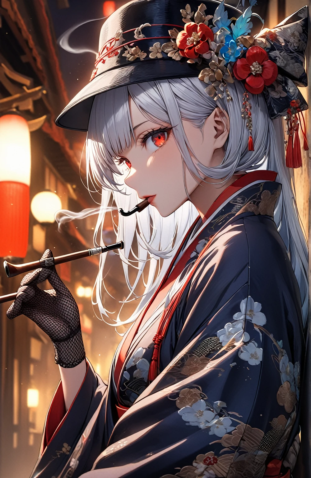 Ultra high resolution, rich colors, perfect image, top quality, detailed image, beautiful woman, glowing skin, skin and clothing texture, delicate eyes, Showa era town, kimono, haori, cocktail hat, toque, black fishnet gloves, smoking pipe, sideways, long silver hair, red eyes