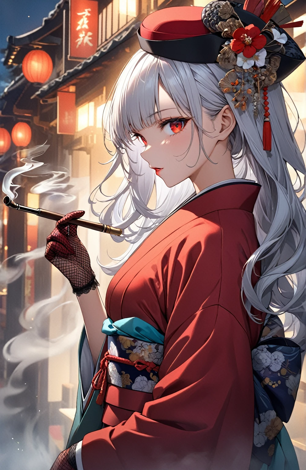 Ultra high resolution, rich colors, perfect image, top quality, detailed image, beautiful woman, glowing skin, skin and clothing texture, delicate eyes, Showa era town, kimono, haori, cocktail hat, toque, black fishnet gloves, smoking pipe, sideways, long silver hair, red eyes