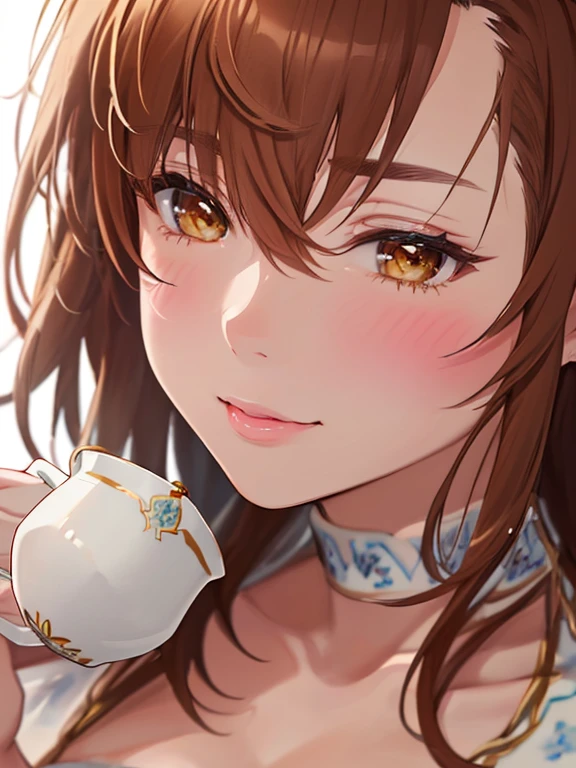 (Ceramic tea cup_Close-up:1.5), Evening party, (Misaka Mikoto), beautiful girl, cute, wedding ring, (flat chest), uhd, retina, masterpiece, accurate, anatomically correct, textured skin, super detail, high details, high quality, best quality, highres, 8k