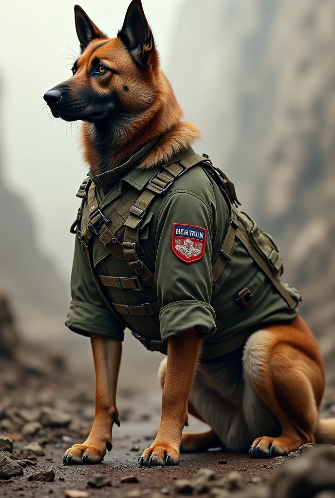 A beautiful dog wearing soldier clothes