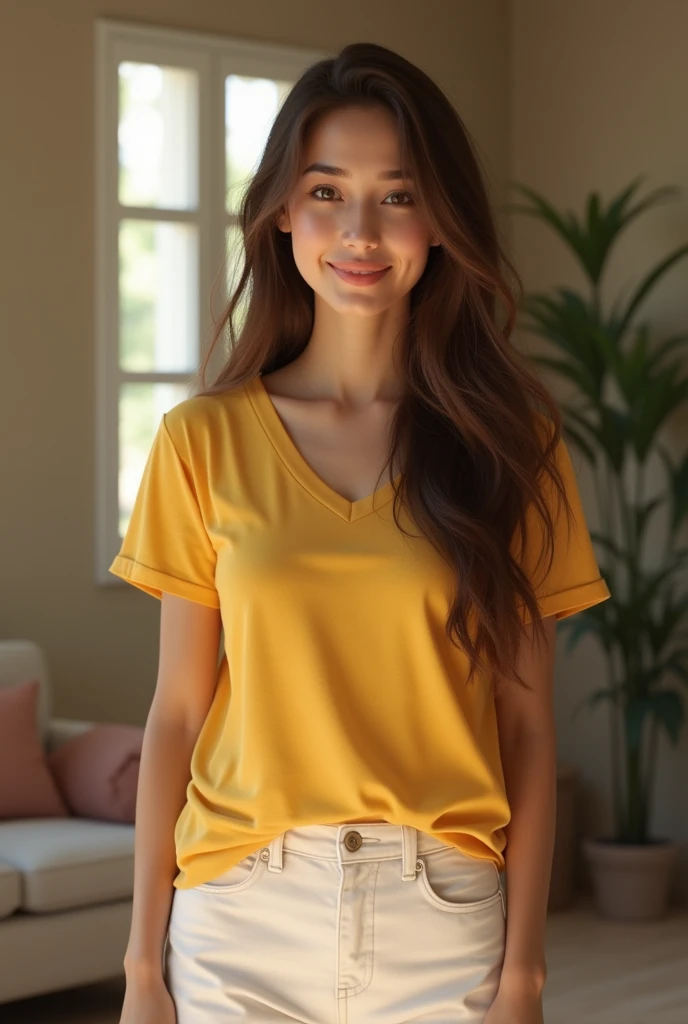 Yellow t shirt white jeans wearing beutiful girl at Long hair home