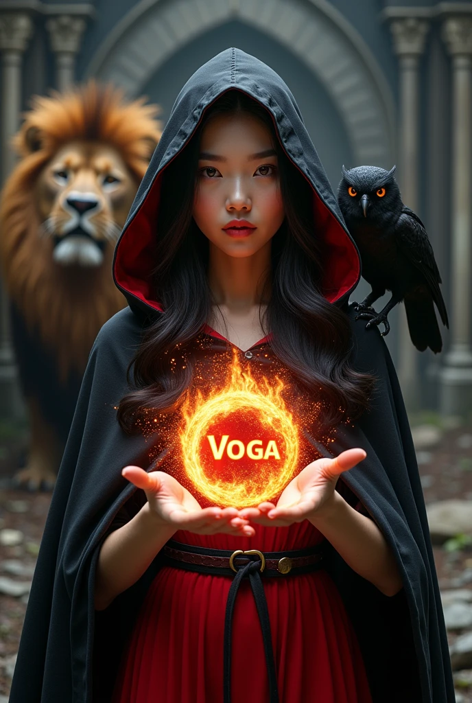 photo realistic, asian woman, white skin, Facing straight, Half-body image size, Black fluffy hair, Long slender fingers, Black witch cloak, Red Hood, Inside is a red dress., There is a fireball in the hand., In the fireball there are English letters VOGA. (Arial font) Float, There were several red sparks and red smoke coming out of his hand., A black owl stands on the right shoulder.., A large golden lion with a red mane appears from the rear left.., The background is an old black European-style castle..