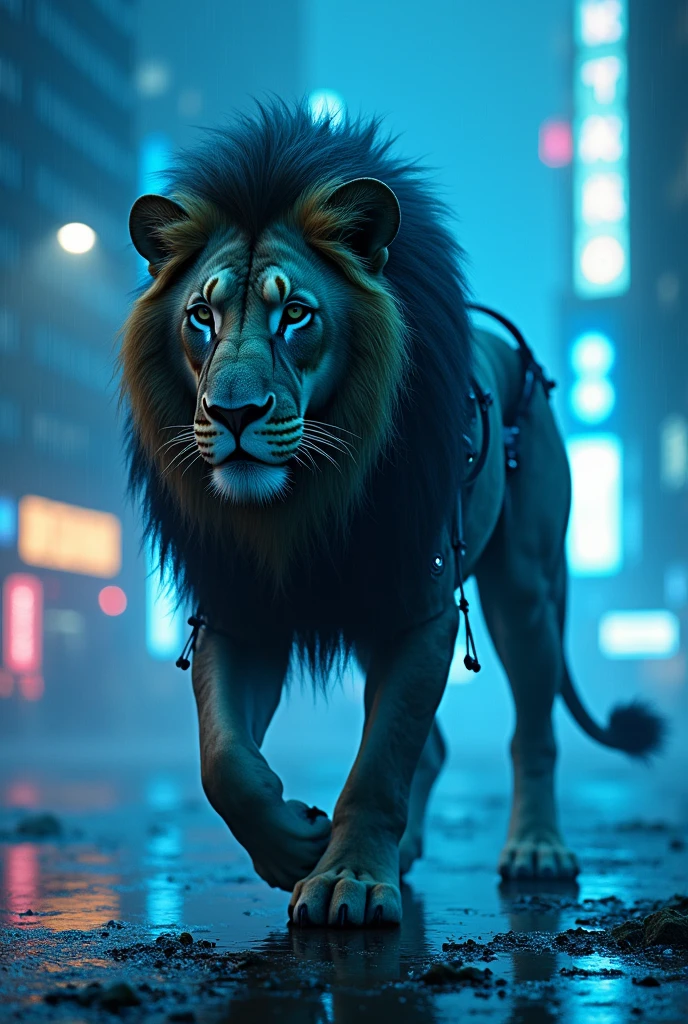 A lion with cyber costume in night with blue light
