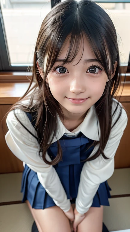 (8k, Photorealistic, RAW Photos, Best image quality: 1.4), Japanese girl、Super detailed face、Eye on the details、double eyelid、Sharp focus:1.2、Beautiful woman:1.4、Light brown hair、Highest quality、masterpiece、Ultra-high resolution、(Photorealistic:1.4)、非常に詳細でプロフェッショナルに照らされたsmile、(Japanese high school uniform:1.5)、blush、amount、Small breasts、Shaggy Hair、From above、High angle、smile、freckles、classroom，Sitting at a desk、Knee-high socks、On your knees、Raking up your hair with your hands