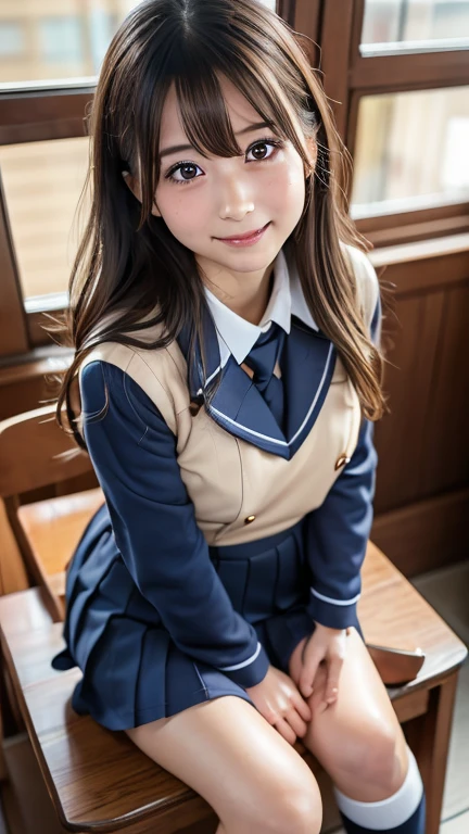 (8k, Photorealistic, RAW Photos, Best image quality: 1.4), Japanese girl、Super detailed face、Eye on the details、double eyelid、Sharp focus:1.2、Beautiful woman:1.4、Light brown hair、Highest quality、masterpiece、Ultra-high resolution、(Photorealistic:1.4)、非常に詳細でプロフェッショナルに照らされたsmile、(Japanese high school uniform:1.5)、blush、amount、Small breasts、Shaggy Hair、From above、High angle、smile、freckles、classroom,Sitting at a desk、Knee-high socks、On your knees、Raking up your hair with your hands