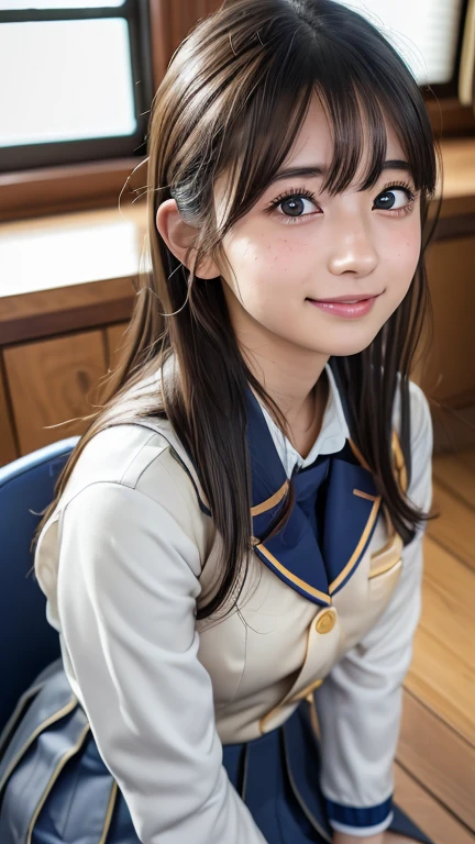(8k, Photorealistic, RAW Photos, Best image quality: 1.4), Japanese schoolgirl、Super detailed face、Eye on the details、double eyelid、Sharp focus:1.2、Beautiful woman:1.4、Light brown hair、Highest quality、masterpiece、Ultra-high resolution、(Photorealistic:1.4)、非常に詳細でプロフェッショナルに照らされたsmile、(Japanese high school uniform:1.5)、blush、amount、Small breasts、Shaggy Hair、From above、High angle、smile、freckles、classroom，Sitting at a desk、Knee-high socks、On your knees、Raking up your hair with your hands