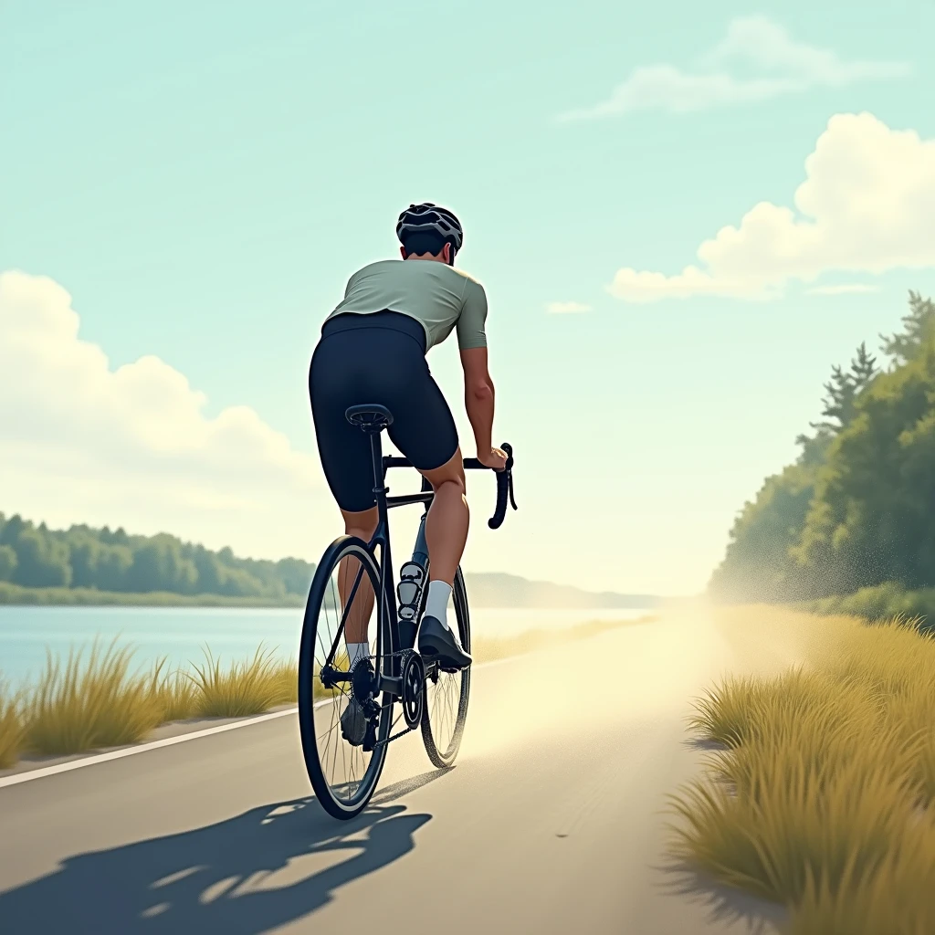 Photorealistic illustrations。
Male road bike rider、Ride your road bike straight into the distance。From behind。Wearing a helmet。
The river bank is a cycling road.、Running there。Although it is a clear sky、The headwind is strong、The short grass nearby has been blown down by the wind.。Something light and dusty is flying towards the player.。The athletes are struggling with the headwind、I&#39;m somehow managing to push forward。