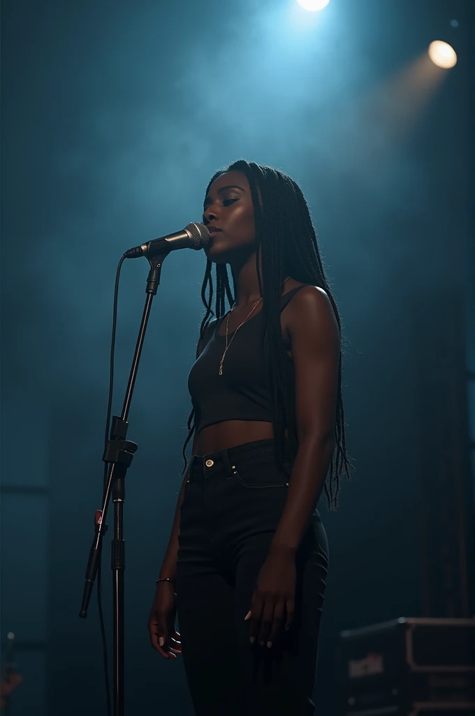 Ebony teen girl singing on stage, fog mic stand 