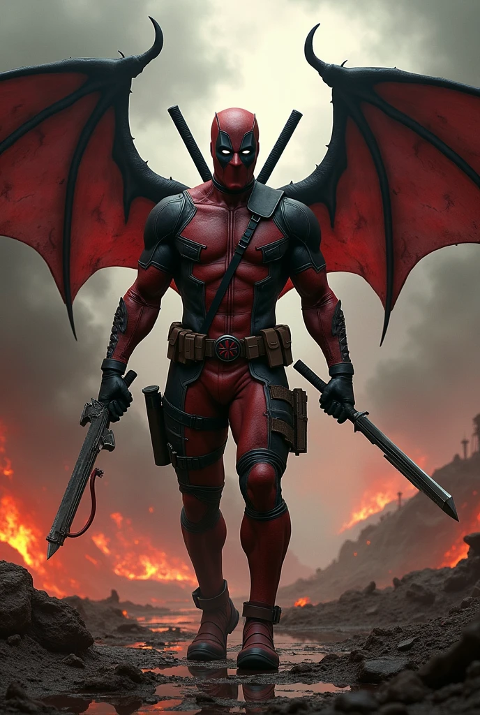 Demonic Deadpool: "Create an image of Deadpool in a fiery, infernal landscape with dark, bat-like wings. The background includes molten lava, charred ruins, and ominous, smoky skies."
