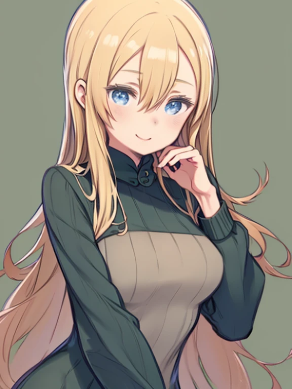 One Girl、Blonde Hair、Hair between the eyes、long hair、Blue Eyes、Big Breasts、Turtleneck sweater、Green clothes、Smiling、Upper Body、(From the thigh up)、Simple brown background、(Touching the cheek with one hand、Accurate hand drawing)、