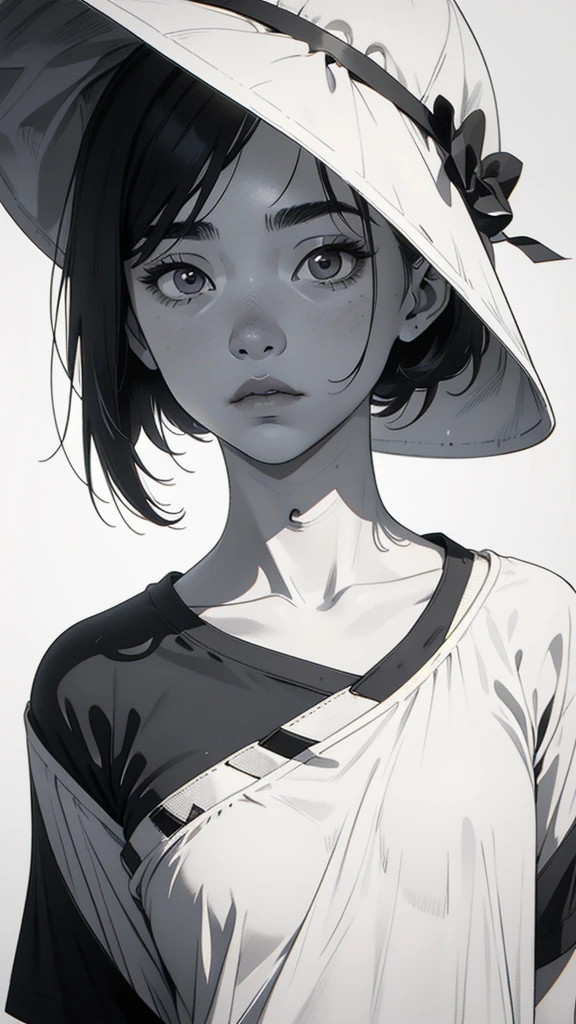 1 korean boyish girl, solo, sharp eyes, monochrome, greyscale, shoulder length black hair, portrait, blank white T-shirt, Thin eyebrows, closed mouth, looking at viewer, graphite \(medium\), detailed lips, hatching \(texture\), without makeup, (bangs), upper body, (best illustration), (best quality), (very detailed), (masterpiece), expressionless,