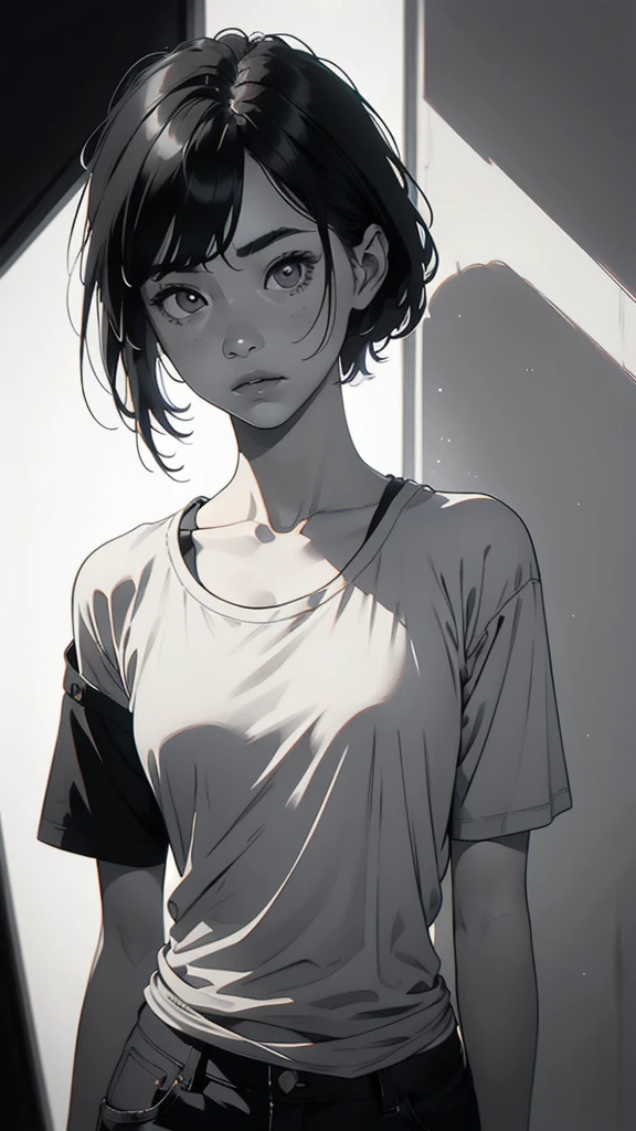 1 korean boyish girl, solo, sharp eyes, monochrome, greyscale, shoulder length black hair, portrait, blank white T-shirt, Thin eyebrows, closed mouth, looking at viewer, graphite \(medium\), detailed lips, hatching \(texture\), without makeup, (bangs), upper body, (best illustration), (best quality), (very detailed), (masterpiece), expressionless,