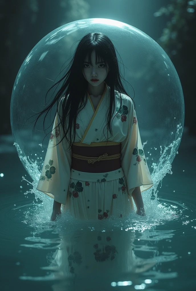 A woman wearing a yukata, The yukata pattern is Showa retro, Sulky face, Females are wet, Wet Hair, Growing hair, The hair is dancing., A woman trapped in a sphere of water., The surface of the sphere is flowing., The woman is inside the sphere., The background and the woman blend together., The background is hell, The background is dim, The background is eerie., black hair, reflection light, best quality, super detail, masterpiece