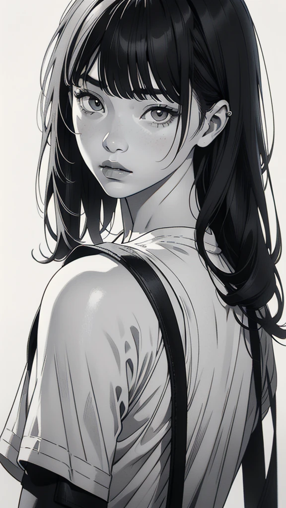 1 korean boyish girl, solo, sharp eyes, monochrome, greyscale, shoulder length black hair, portrait, blank white T-shirt, Thin eyebrows, closed mouth, looking at viewer, graphite \(medium\), detailed lips, hatching \(texture\), without makeup, (bangs), upper body, (best illustration), (best quality), (very detailed), (masterpiece), expressionless,
