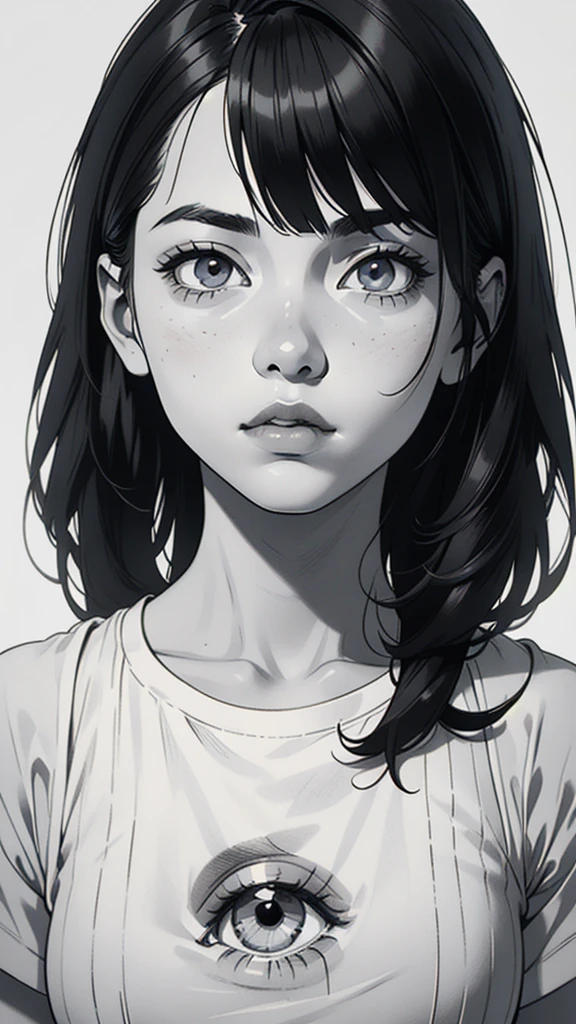 1 korean boyish girl, solo, sharp eyes, monochrome, greyscale, shoulder length black hair, portrait, blank white T-shirt, Thin eyebrows, closed mouth, looking at viewer, graphite \(medium\), detailed lips, hatching \(texture\), without makeup, (bangs), upper body, (best illustration), (best quality), (very detailed), (masterpiece), expressionless,