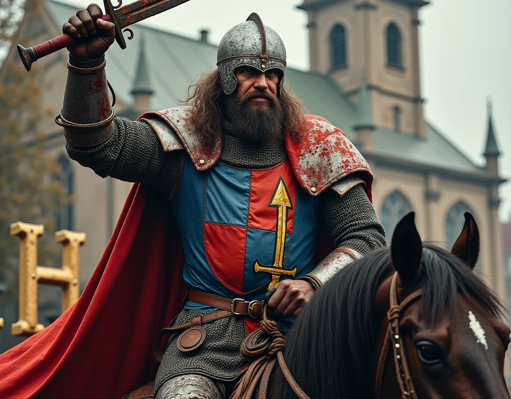 A poster depicting a heavy boar man brandishing a two handed sword, blue and red coat of arms with thin vertical yellow sword painted upwards, damaged by fighting, covered by blood. medieval battered chain mail, luxury helmet, very battle-damaged. He's on horse, front a chapel with (the words "Huebald" written in large golden letters in the foreground).