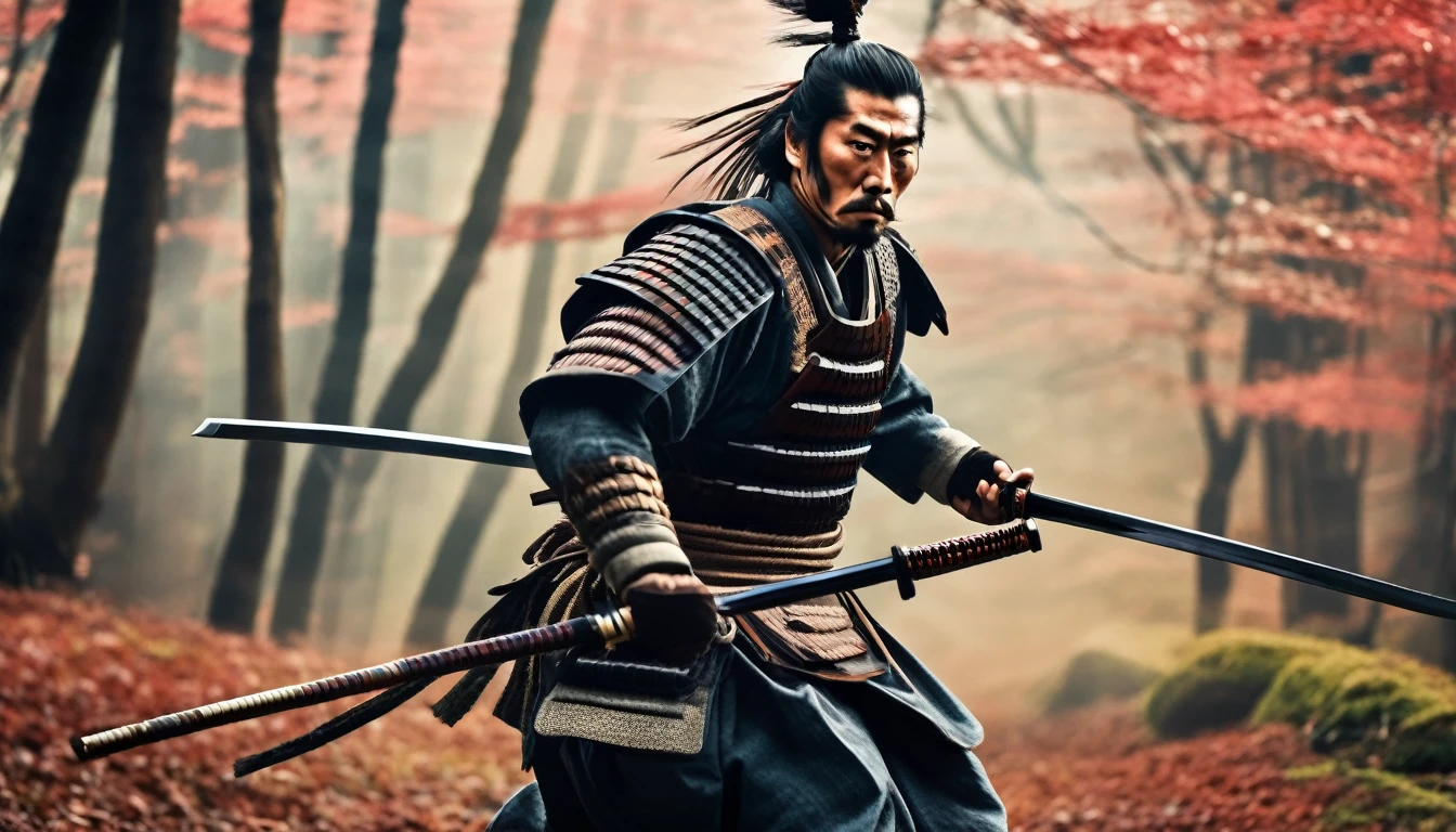 Realistic image, movie style, one Japanese samurai, wearing Japanese armor, serious expression, shown from head to toe, full body shot, running with Japanese sword at the ready, forest in the background, powerful camera work