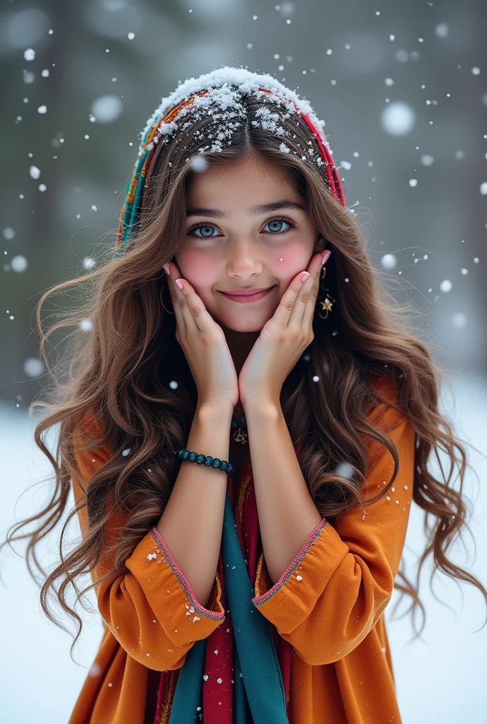Waving hands through hair,Showing snowfall in black ground,Prompt, realistic influencer Pakistani lovely cute young attractive teenage girl, beautiful nice dresses,, Put your hands on your face,big smile,waving hands through hair,1, fair face ,mole on cheek, little mouth,cute, beautiful , blue eyes, colorful dupatta on the Head,snowing,dimpal , necklace, earrine,,an Instagram model,long brown_hair, colorful hair, winter, stylish attitude, dancing styles, waving hands through hair,