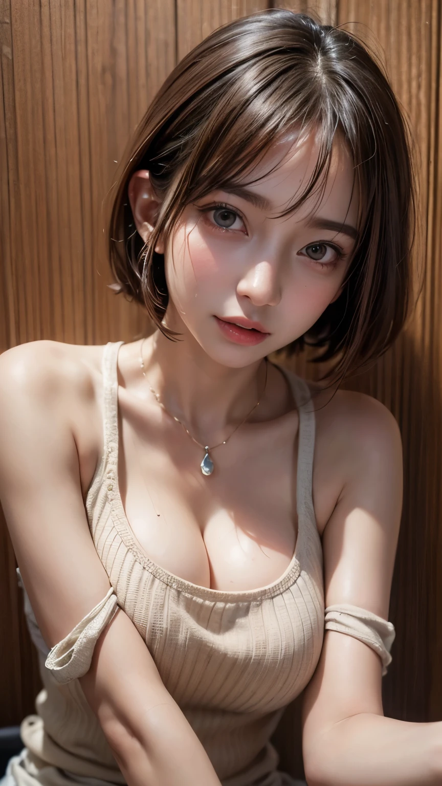 (Ultra-realistic), (shape), (High resolution), (In 8K), (Very detailed), (Best shape), (Beautiful details), (Highest quality), (Very detailedな), (wallpaper), (Detailed face), Droopy eyes, Sweat a lot, Upper body close-up,  Underarm,short hair,Girl wearing sleeveless sweater, Japanese, Her cleavage is visible, (Camel Toe)