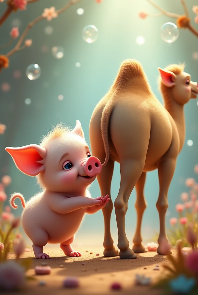 A pigling licking camel's ass