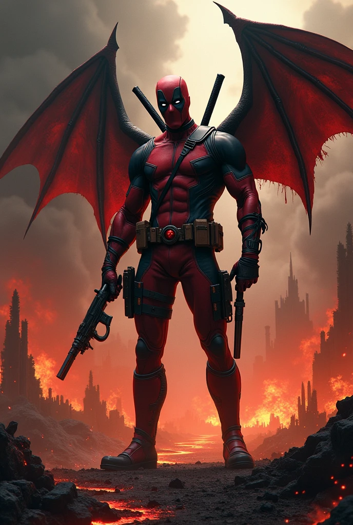 Demonic Deadpool: "Create an image of Deadpool in a fiery, infernal landscape with dark, bat-like wings. The background includes molten lava, charred ruins, and ominous, smoky skies."
