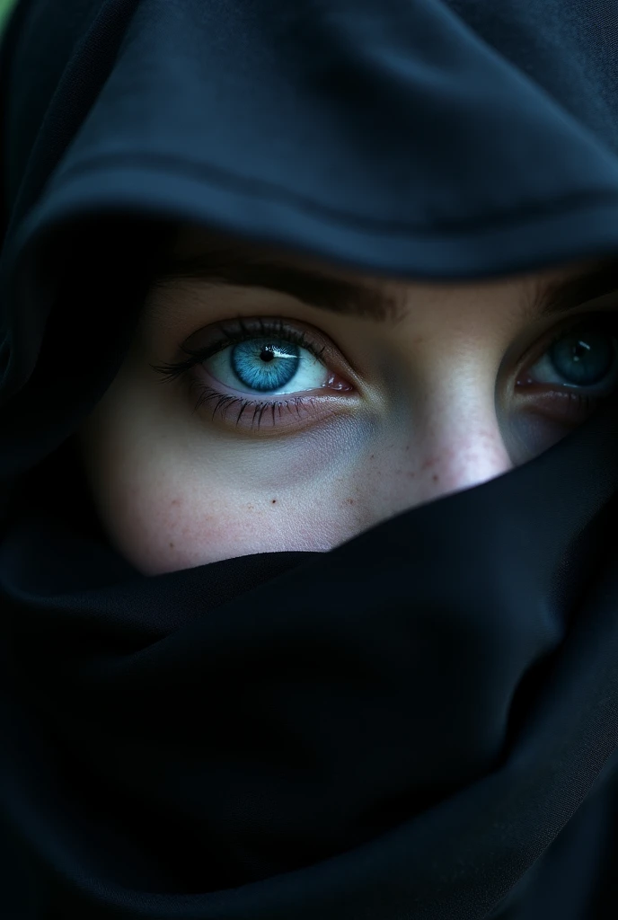 One Blue eye, fair skin, peaking out between two black veils, extreme close up of on the eye
