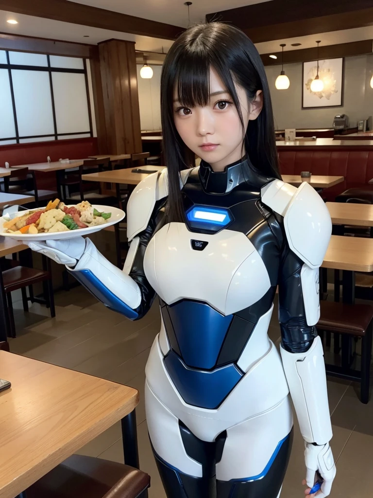 Japanese female android,Black Hair,White and blue robot suit,Plump,Standing in front of a table full of food in a restaurant,