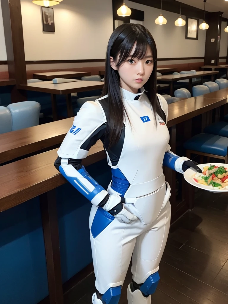 Japanese female android,Black Hair,White and blue robot suit,Plump,Standing in front of a table full of food in a restaurant,